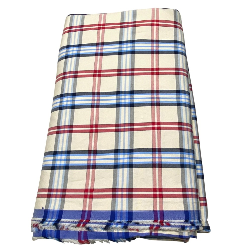 Vtg 80s 90s Red Blue Cream Plaid Cotton Fabric Checkered Textile Yardage >6 yds